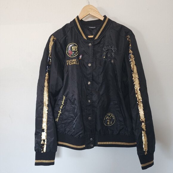 Torrid I Need My Space Jacket Sequin Bomber Pearl Snap Button 2 - Picture 2 of 4